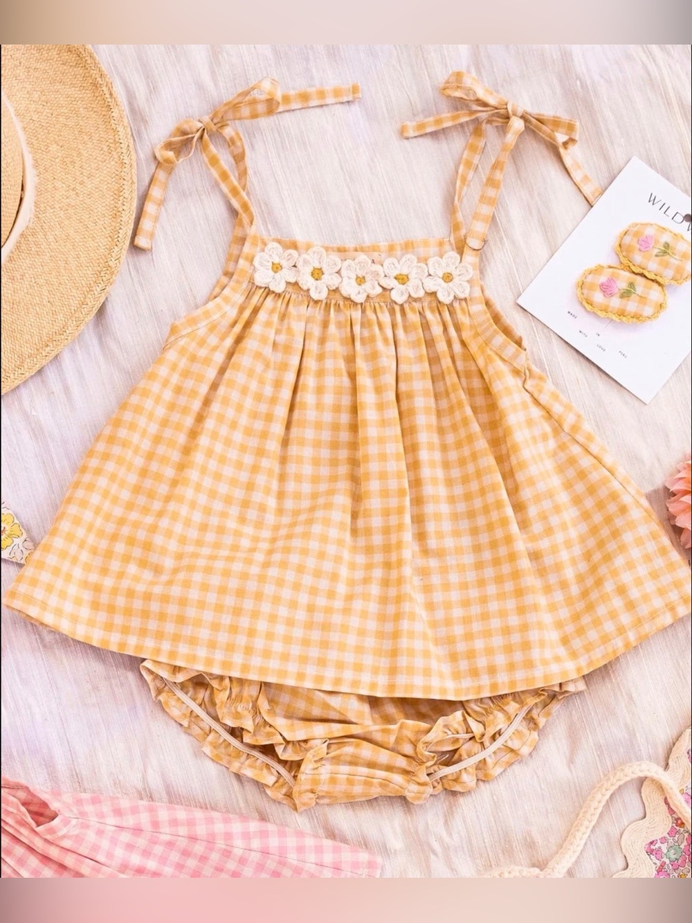 Yellow Gingham Daisy-Trim Tie-Strap Dress & Bloomers Set